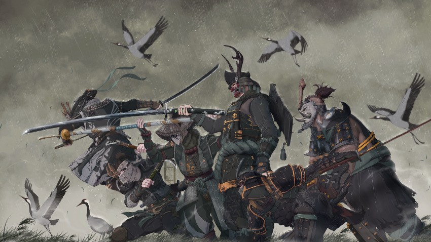 1girl 5boys armlet armor bird black_hair club_(weapon) dual_wielding for_honor grey_sky helmet highres holding holding_club holding_scythe holding_sword holding_weapon ifragmentix japan japanese_armor japanese_clothes kabuto_(helmet) kama_(weapon) kanabou katana long_hair long_sleeves mask multiple_boys naginata ootachi outdoors polearm procreate_(medium) rain ronin samurai scythe short_ponytail sickle swan sword wakizashi warrior water_drop weapon