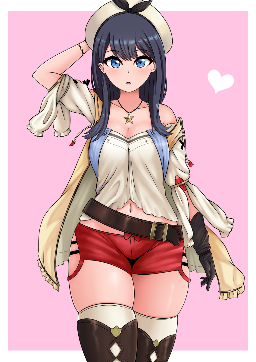 1girl :d absurdres arm_up atelier_(series) atelier_ryza bangs belt belt_buckle beret black_hair black_ribbon blue_eyes breasts brown_belt brown_gloves brown_thighhighs buckle cleavage collarbone commentary cosplay gloves gridman_universe hair_between_eyes hand_up hat heart highres hood hood_down hooded_jacket jacket jewelry long_hair looking_at_viewer medium_breasts navel necklace open_clothes open_jacket open_mouth red_shorts reisalin_stout reisalin_stout_(cosplay) ribbon shirt short_shorts short_sleeves shorts simple_background single_glove skindentation sleeveless sleeveless_jacket smile solo ssss.gridman star_(symbol) star_necklace takarada_rikka the_only_shoe thick_thighs thighhighs thighs trait_connection white_headwear white_shirt yellow_jacket