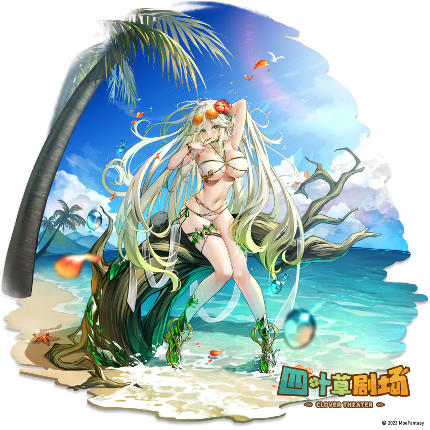 1girl absurdres arm_behind_head armpits arms_up bangs bare_shoulders beach bikini bird blue_gemstone blue_sky bracelet branch breasts character_request chinese_commentary choker cleavage cloud clover_theater commentary_request day eyewear_on_head flower full_body gem gradient_hair green_eyes green_gemstone green_hair hair_flower hair_ornament halterneck highres jewelry large_breasts lens_flare logo long_hair looking_at_viewer meion multicolored_hair navel ocean official_art palm_tree shadow side-tie_bikini sidelocks sitting sky solo starfish stomach sunglasses swimsuit thigh_strap thighlet tree two-tone_hair underboob very_long_hair white_bikini white_hair
