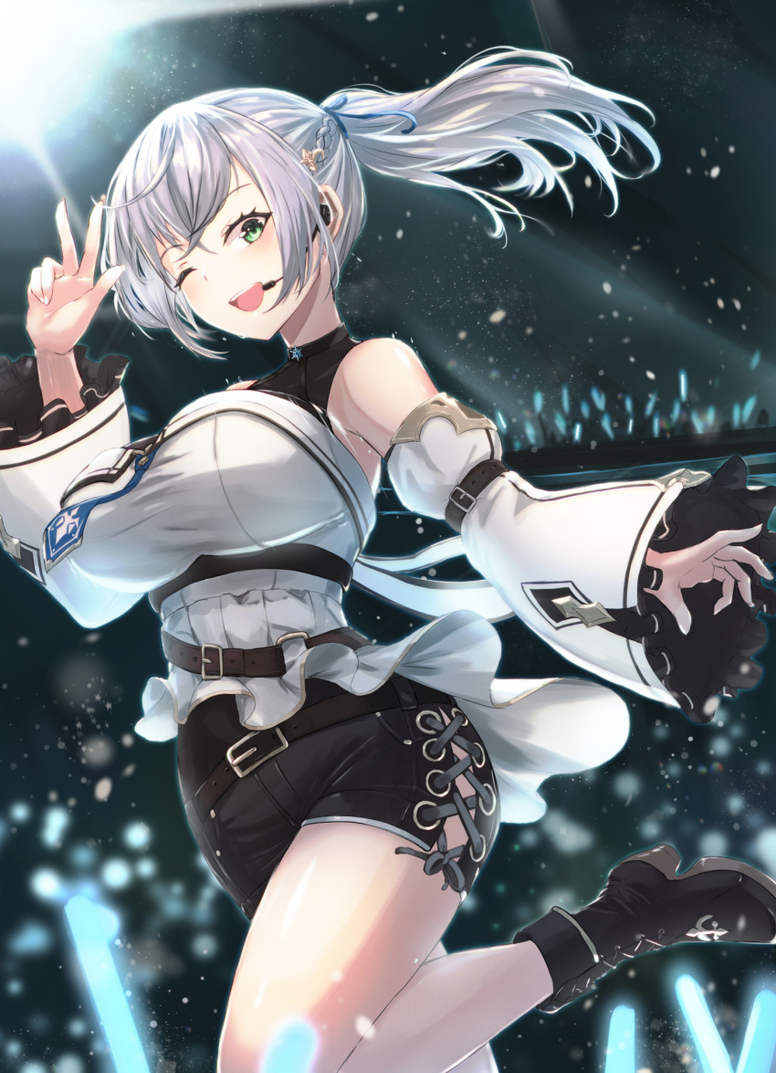 1girl alulunkiruto ankle_boots black_footwear black_shorts boots breasts commentary_request detached_sleeves green_eyes grey_hair hand_up highres hololive knee_up large_breasts light light_stick long_sleeves looking_at_viewer one_eye_closed open_mouth ponytail shirogane_noel shorts smile solo teeth upper_teeth wide_sleeves