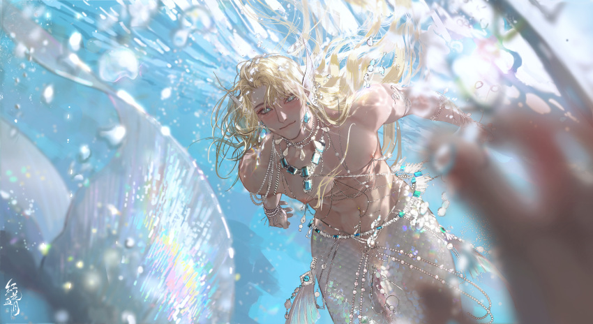 1boy absurdres blonde_hair blue_background blue_eyes blue_gemstone blurry bracelet bright_pupils bubble cloaca depth_of_field erenyegaerenyeg fins floating_hair gem head_fins highres jewelry light_smile long_hair looking_at_viewer male_focus merman monster_boy necklace nude original pov scales solo_focus swimming toned toned_male underwater upper_body white_pupils white_scales