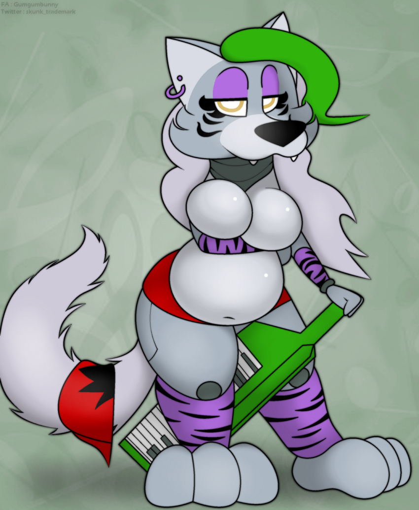 animatronic anthro belly big_belly big_breasts breasts canid canine canis clothed clothing digital_media_(artwork) female five_nights_at_freddy's five_nights_at_freddy's:_security_breach foxball hi_res machine mammal overweight overweight_anthro robot roxanne_wolf_(fnaf) scottgames simple_background smile solo standing topless video_games wolf