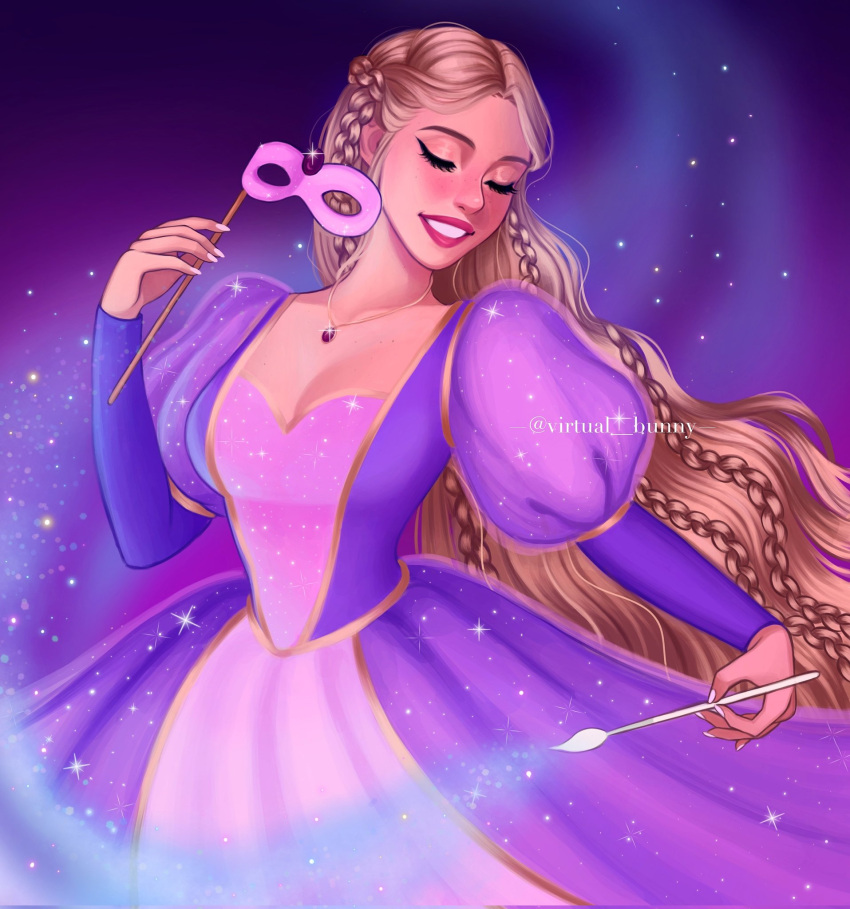 1girl barbie_(character) barbie_(franchise) barbie_as_rapunzel barbie_movies blonde_hair braid breasts closed_eyes dress formal gown highres jewelry juliet_sleeves long_hair long_sleeves magic mask masquerain nail_polish necklace paintbrush princess puffy_sleeves purple_background purple_dress rapunzel_(barbie) rapunzel_(grimm) red_lips small_breasts smile solo sparkle very_long_hair virtual_bunny