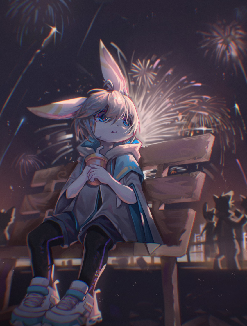 2021 ahoge anthro bench beverage black_bottomwear black_clothing black_shorts blue_eyes bottomwear clothing container cup detailed_background digital_media_(artwork) digital_painting_(artwork) dipstick_ears emolga_1_(artist) eye_glint fireworks footwear grey_hair group hair hi_res holding_cup holding_object kemono lagomorph leporid looking_away low-angle_view male mammal multicolored_ears one_ear_up one_tooth pink_inner_ear poncho public rabbit shaded shoes shorts sitting sneakers solo_focus white_ears yellow_ears