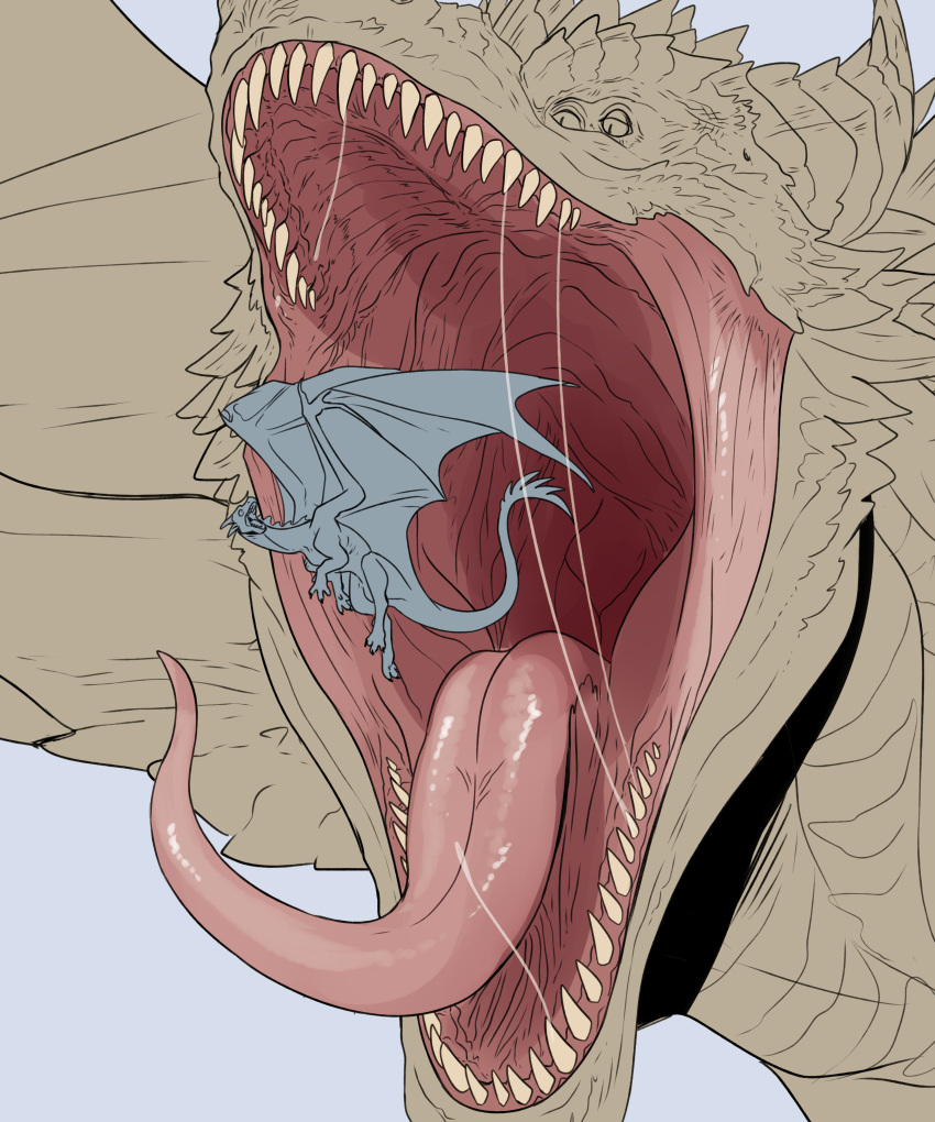 4_eyes absurd_res ambiguous_gender bodily_fluids dragon duo feral glistening glistening_tongue hi_res horn imminent_oral_vore imminent_vore imperatorcaesar membrane_(anatomy) membranous_wings mouth_shot multi_eye open_mouth ridged_horn saliva saliva_string scared sharp_teeth teeth tongue tongue_out wings