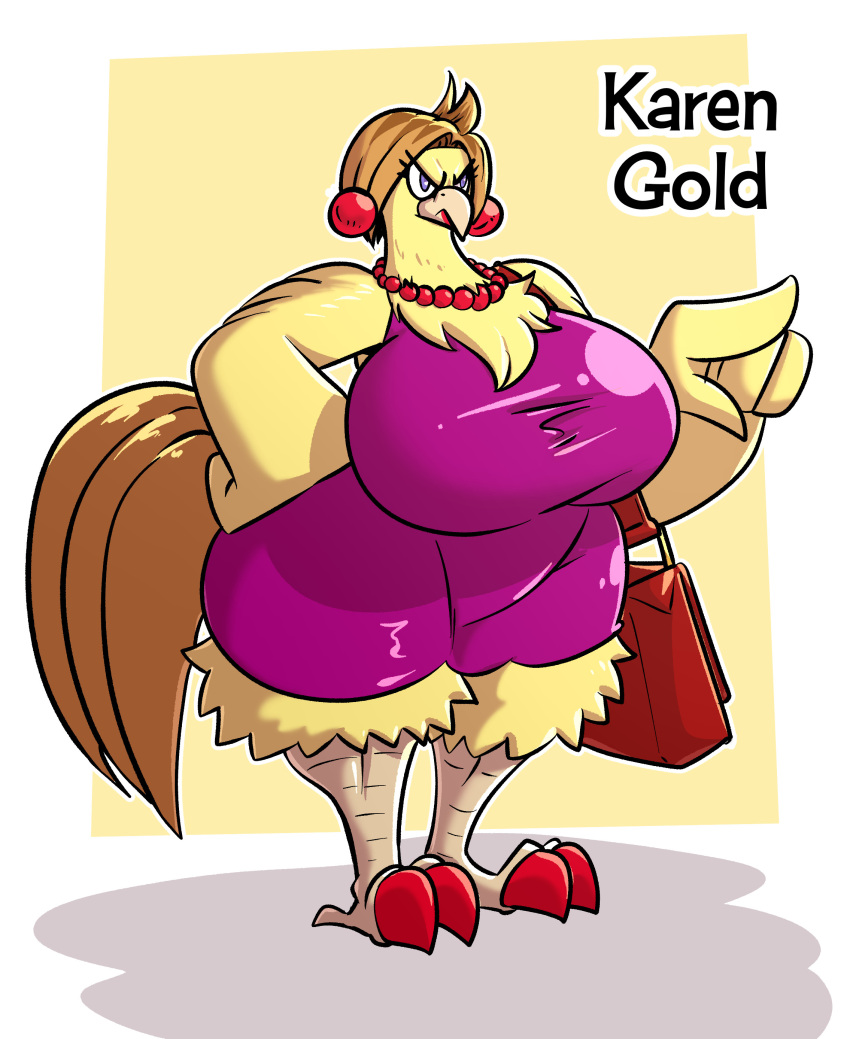 absurd_res angry anthro avian bead_necklace beak big_breasts bird blue_eyes breasts brown_hair chicken clothing curvy_figure dress ear_piercing ear_ring english_text female frown galliform gallus_(genus) gem gesture hair hand_on_hip hi_res huge_breasts huge_thighs jewelry karen_gold mature_female necklace non-mammal_breasts painted_claws pearl_(gem) pearl_earring pearl_necklace phasianid piercing pointing ring_piercing sachasketchy solo text thick_thighs voluptuous wide_hips yellow_body