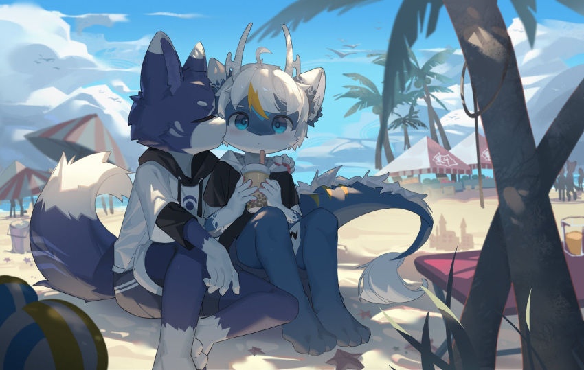 2022 2_horns anthro asterozoan beach beach_umbrella beverage blonde_hair blonde_highlights blue_body blue_face blue_fur blue_tail bottomwear bubble_tea canid canine clothing dipstick_ears dipstick_tail dragon duo duo_focus echinoderm emolga_1_(artist) eyebrows eyes_closed facial_markings food fox fur furred_dragon gloves_(marking) group hair head_markings hi_res highlights_(coloring) holding_beverage holding_object horn kemono kissing leg_markings long_tail looking_at_viewer male mammal marine markings multicolored_body multicolored_ears multicolored_fur palm_tree plant raised_knee sand sand_castle sculpture sea seaside shaded short_sleeve_hoodie shorts sitting socks_(marking) sport starfish tail_markings tree triangle_nose two_tone_body two_tone_face two_tone_fur volleyball water white_body white_eyebrows white_face white_fur white_hair white_horn