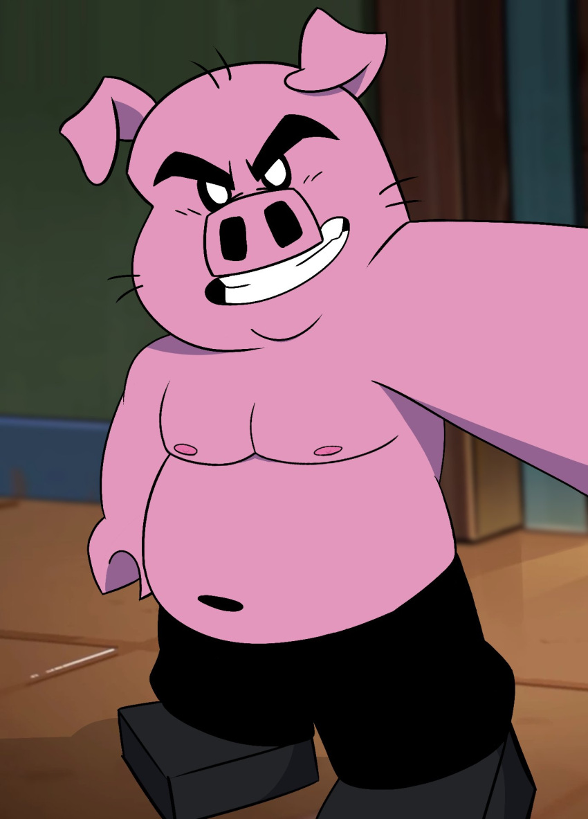 anthro bottomwear chubby_male clothing domestic_pig eyebrows footwear fredugen108 hi_res inside lego lego_monkie_kid looking_at_viewer male mammal pants pigsy_(lego_monkie_kid) pink_body pink_skin selfie shirtless shirtless_male shoes solo standing suid suina sus_(pig) thick_eyebrows