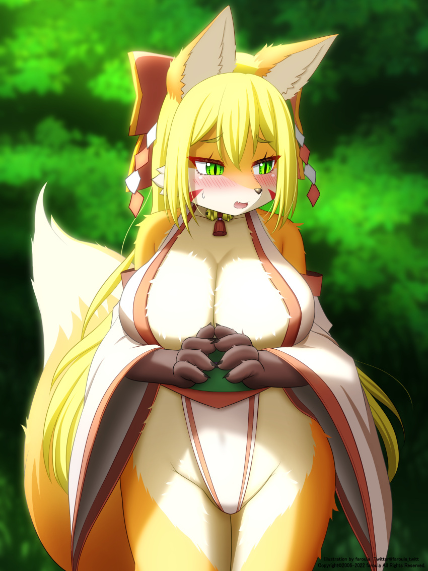 2022 5_fingers absurd_res anthro asian_clothing big_breasts blonde_hair blush breasts brown_body brown_fur canid canine claws cleavage clothed clothing cute_fangs east_asian_clothing embarrassed faroula_twitt female female_anthro finger_claws fingers fox fur gloves_(marking) green_eyes hair hi_res high_cut_miko_outfit japanese_clothing kemono looking_away mammal markings miko_outfit multicolored_body multicolored_fur open_mouth orange_body orange_fur portrait pupils shrine_maiden slit_pupils solo three-quarter_portrait tongue white_body white_fur