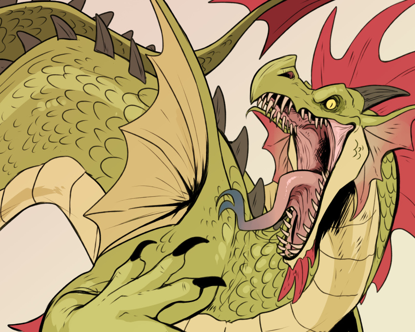 absurd_res back_spikes black_claws claws dragon ear_frill feral frill_(anatomy) green_body green_scales green_tail grey_tongue hi_res imperatorcaesar looking_at_viewer membrane_(anatomy) membranous_wings mouth_shot multicolored_tongue open_mouth pink_tongue pupils red_frill scales sharp_teeth simple_background slit_pupils solo spade_tail spikes spikes_(anatomy) teeth tongue two_tone_tongue white_background wings yellow_body yellow_scales yellow_wings