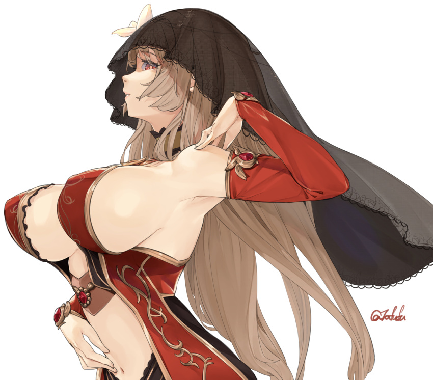 1girl bangs black_veil breasts covered_nipples detached_sleeves final_fantasy final_fantasy_brave_exvius flower fuwafuwatoufu gem highres large_breasts light_brown_hair long_hair majin_fina navel parted_lips profile red_eyes simple_background solo twitter_username upper_body veil very_long_hair war_of_the_visions:_final_fantasy_brave_exvius white_background white_flower