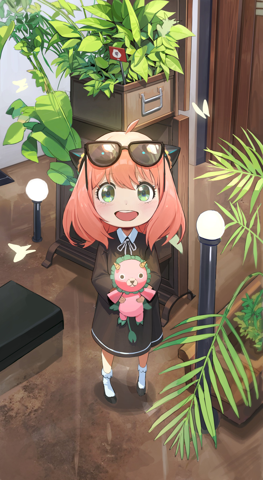 1girl absurdres ahoge anya_(spy_x_family) bangs black_dress blush bug butterfly child director_chimera_(spy_x_family) dress eden_academy_uniform eyewear_on_head female_child green_eyes highres horns leaf long_sleeves looking_at_viewer moon_(yfsp7823) open_mouth pink_hair plant school_uniform short_hair smile solo spy_x_family stuffed_animal stuffed_toy