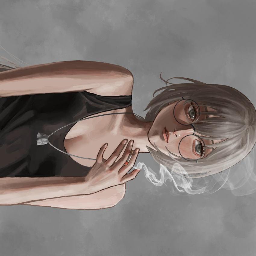 1girl black_tank_top breasts cigarette cleavage collarbone dog_tags glasses grey_background grey_hair highres ichiokamiya lips long_hair medium_breasts nostrils original parted_lips sideways smoke smoking solo tank_top