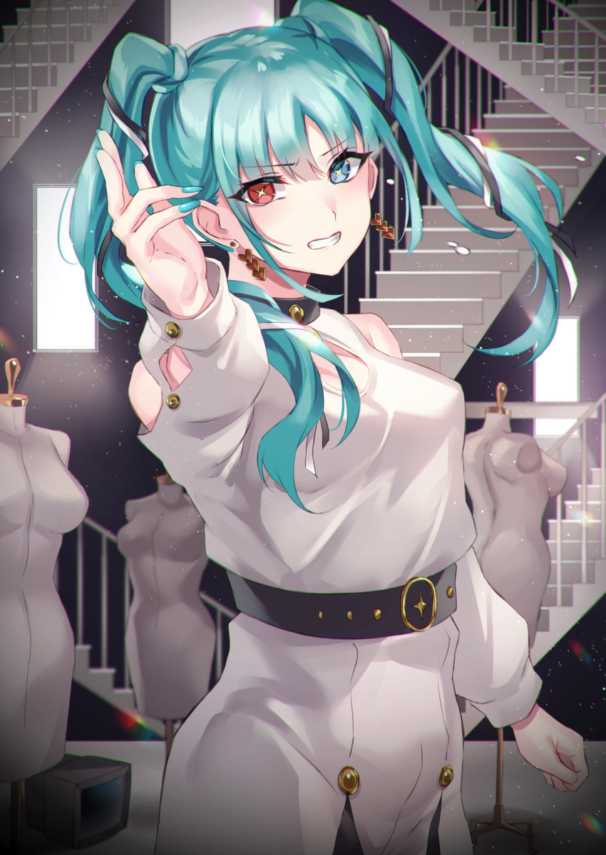 1girl aqua_hair aqua_nails bare_shoulders belt black_choker black_ribbon blue_eyes choker chromatic_aberration cleavage_cutout clenched_hand clenched_teeth clothing_cutout dilemma_(vocaloid) earrings eyelashes eyes_visible_through_hair fingernails hair_between_eyes hair_ribbon hatsune_miku heart heart_earrings heterochromia highres inue_ao jewelry light_particles light_rays long_eyelashes long_fingernails long_hair mannequin nail_polish red_eyes ribbon shoulder_cutout solo stairs teeth television twintails vocaloid white_ribbon window_shade yellow_pupils