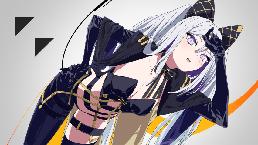 1girl alchemy_stars asymmetrical_clothes bangs black_gloves blush breasts choker cleavage collarbone gloves grey_hair hair_between_eyes hand_on_hip highres leaning_forward long_hair long_sleeves looking_at_viewer medium_hair open_mouth purple_eyes scar scar_across_eye single_pantsleg single_thighhigh slit_pupils smokey_(alchemy_stars) smokey_(imprisonment_of_greed)_(alchemy_stars) sohin solo thigh_strap thighhighs twintails