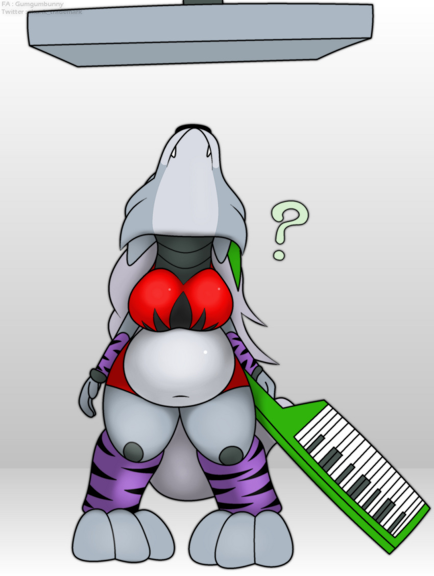 animatronic anthro belly big_belly big_breasts breasts canid canine canis clothing digital_media_(artwork) female five_nights_at_freddy's five_nights_at_freddy's:_security_breach foxball hair hi_res lying machine mammal on_front overweight overweight_anthro robot roxanne_wolf_(fnaf) scottgames simple_background solo standing video_games wolf