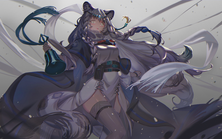 1girl animal_ears arknights bell braid breasts dress feet_out_of_frame grey_background grey_cloak grey_eyes grey_hair grey_ribbon grey_thighhighs highres holding holding_bell jewelry leopard_ears leopard_girl leopard_tail long_hair looking_at_viewer medium_breasts necklace open_mouth pramanix_(arknights) side_braids simple_background solo tail teeth thighhighs thighs tiara upper_teeth very_long_hair white_dress ying_shi_de_xia_yeji