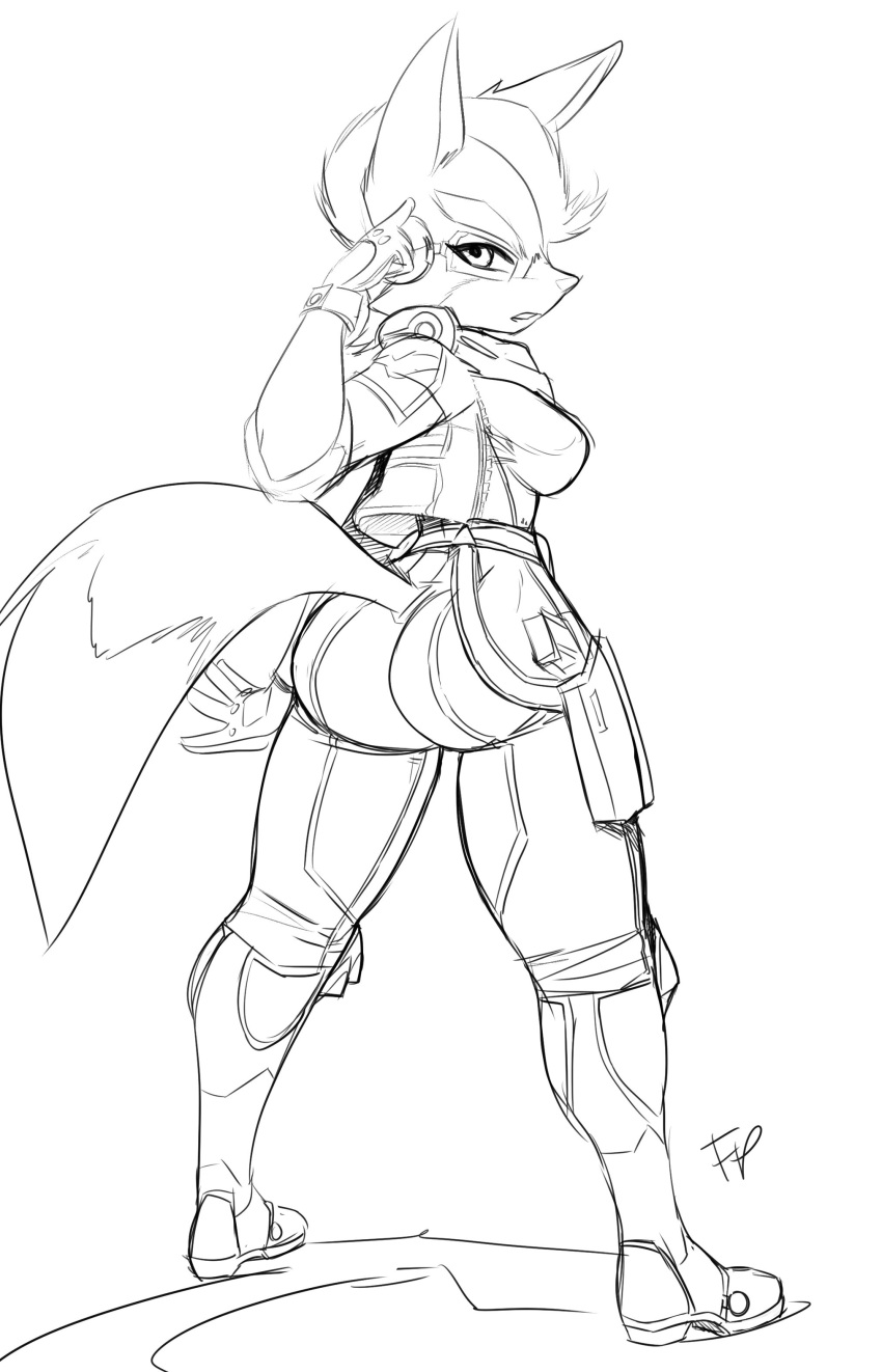 absurd_res anthro big_butt black_and_white butt canid canine clothing colorless crossgender curvaceous curvy_figure female fox fox_mccloud fred_perry gesture gloves handwear hi_res jacket looking_back mammal monochrome nintendo open_hand pointing short_sleeves simple_background solo star_fox tactical_gear teeth thick_thighs tight_clothing topwear video_games voluptuous