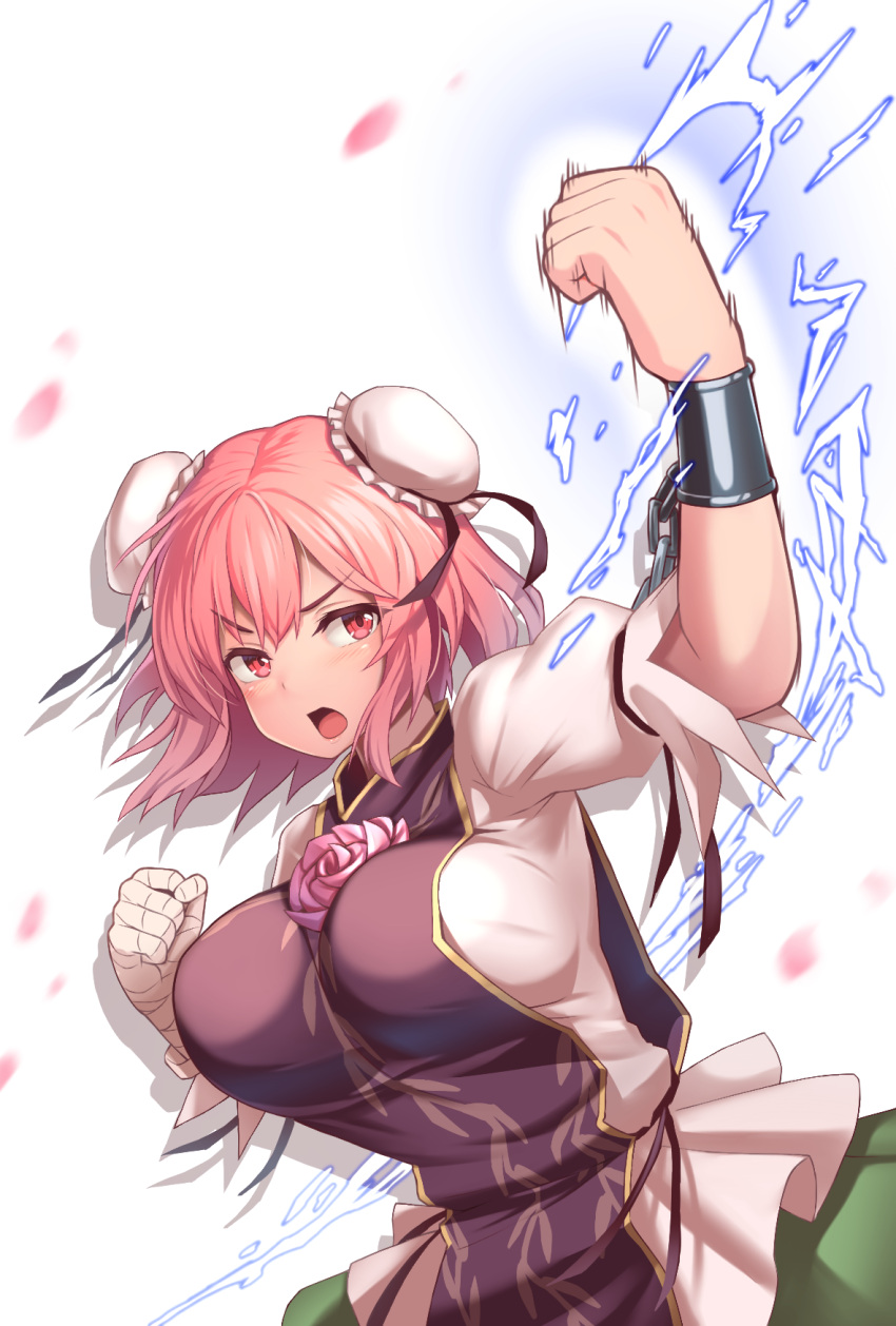 1girl bandaged_arm bandages blush breasts clenched_hands cuffs double_bun green_skirt hair_bun highres ibaraki_kasen large_breasts open_mouth pink_eyes pink_hair shackles shiratsuki_shiori shirt short_hair short_sleeves simple_background skirt solo tabard touhou upper_body white_background white_shirt