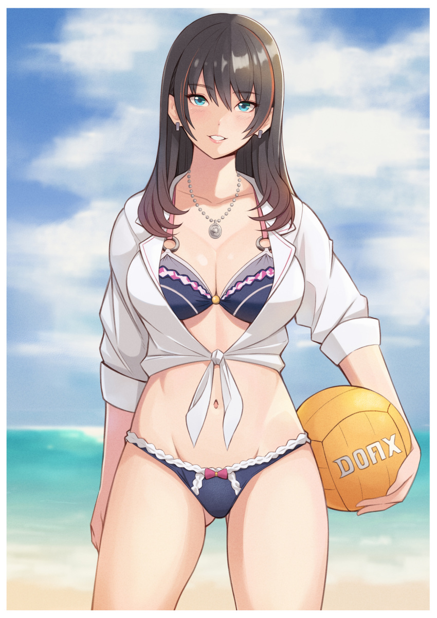 beach bikini blue_eyes collar dead_or_alive earrings highres jewelry konishiki_(52siki) long_hair looking_at_viewer midriff nanami_(doa) ocean open_mouth sky smile solo swimsuit volleyball volleyball_ball