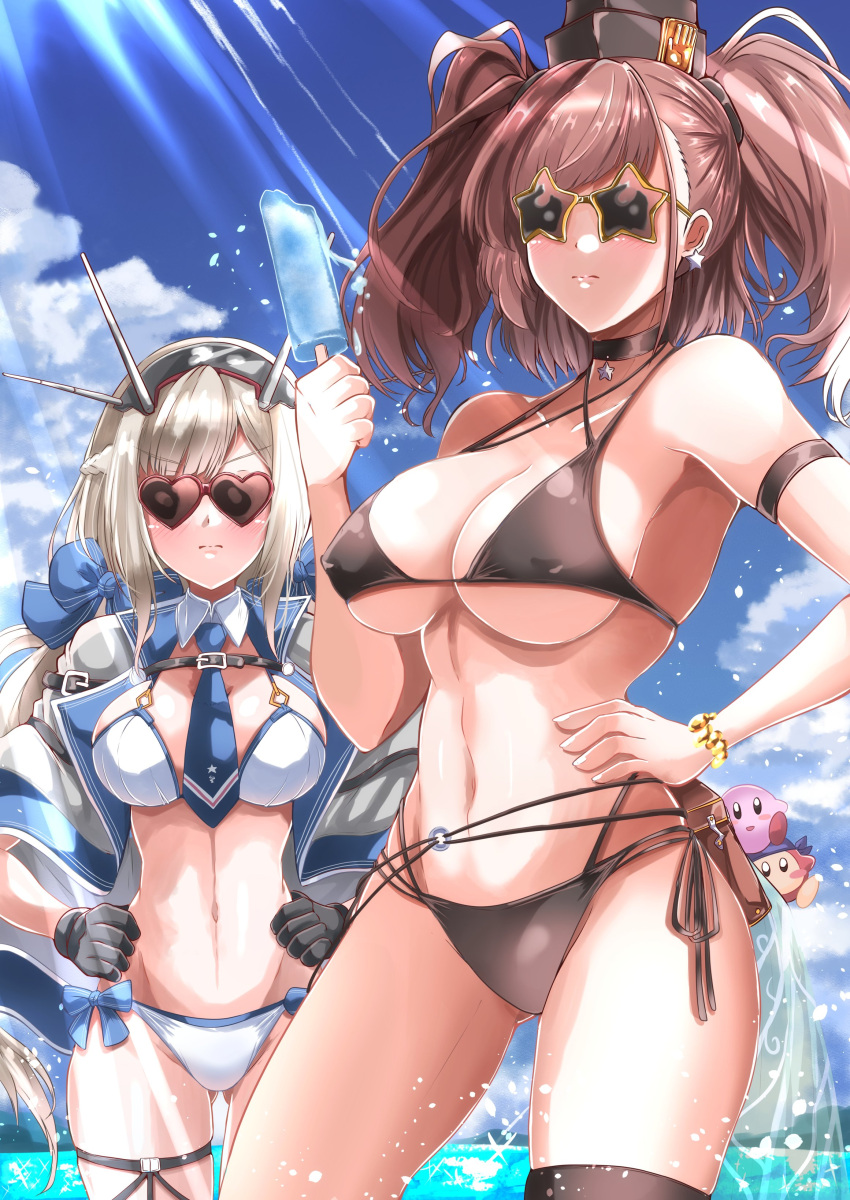 2girls absurdres atlanta_(kancolle) between_breasts bikini black_bikini black_gloves black_headwear blonde_hair blue_bow blue_eyes blue_necktie blue_sky bow breasts brown_hair capelet cloud commentary_request cowboy_shot crossover day detached_collar food garrison_cap gloves grey_capelet grey_eyes hair_bow hand_on_hip hands_on_hips hat headgear heart heart-shaped_eyewear highres kantai_collection kentan_(kingtaiki) kirby kirby_(series) large_breasts long_hair looking_at_viewer maryland_(kancolle) multiple_girls necktie necktie_between_breasts outdoors popsicle radio_antenna sky standing star-shaped_eyewear sunglasses swimsuit two_side_up waddle_dee water white_bikini