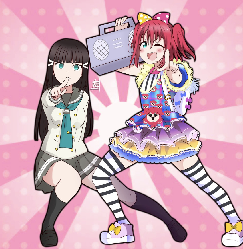 2girls ;d aqua_eyes aqua_neckerchief backpack bag bangs black_footwear black_hair black_outline black_socks blue_dress blunt_bangs blush boombox bow brown_shirt buttons commentary cotton_candy_ei-ei-oh! double-breasted dress footwear_bow grey_sailor_collar grey_skirt hair_bow highres hime_cut holding kurosawa_dia kurosawa_ruby layered_skirt loafers long_hair looking_at_viewer love_live! love_live!_sunshine!! medium_hair miniskirt multiple_girls neckerchief one_eye_closed open_mouth outline pink_background pink_footwear pleated_skirt pointing pointing_at_viewer polka_dot polka_dot_background polka_dot_bow print_dress red_hair sailor_collar school_uniform shirt shoes short_dress short_sleeves signature skirt smile sneakers socks straight_hair striped striped_legwear sunburst sunburst_background tie_clip two-tone_bow two_side_up uranohoshi_school_uniform v-shaped_eyebrows white_bag winter_uniform yellow_bow zero-theme