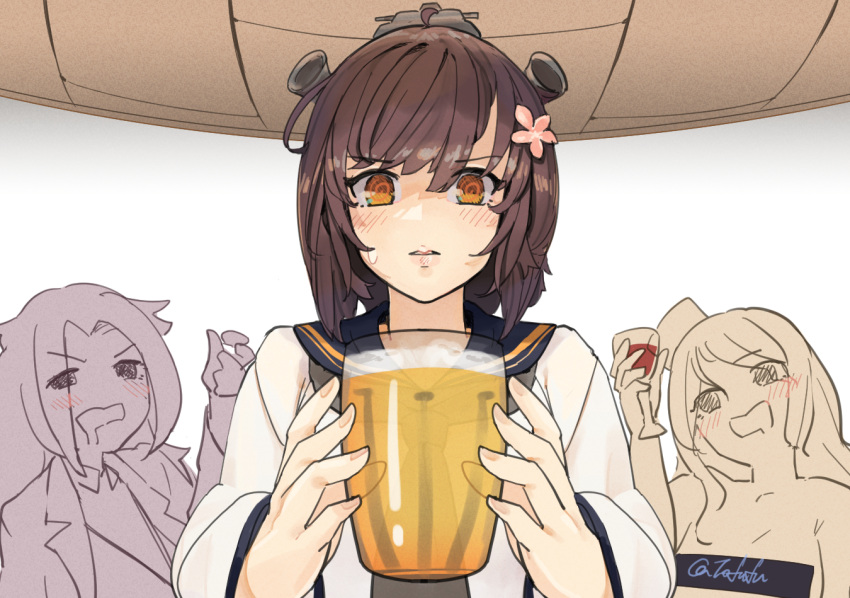 @_@ alcohol bangs beer blue_sailor_collar blush brown_hair cup dress drooling drunk fuwafuwatoufu headgear holding holding_cup jun'you_(kancolle) kantai_collection long_hair long_sleeves mouth_drool neckerchief nude one-hour_drawing_challenge orange_eyes parted_lips pola_(kancolle) sailor_collar sailor_dress short_hair simple_background sweat twitter_username upper_body white_dress yukikaze_(kancolle) yukikaze_kai_ni_(kancolle)