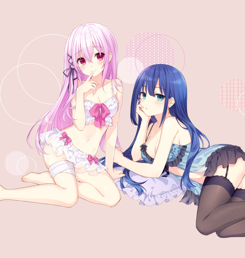 black_panties blue_eyes blue_shirt bra dark_blue_hair engage_kiss garter_straps highres kisara_(engage_kiss) panties pink_eyes pink_hair shirt thighhighs tsunako underwear white_bra white_panties yuugiri_ayano