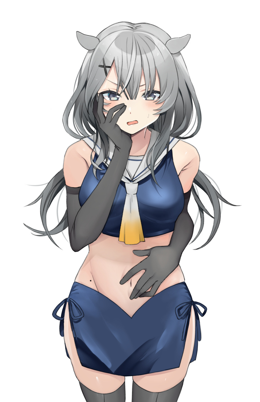 1girl absurdres black_gloves black_thighhighs blush body_switch commission cowboy_shot crop_top elbow_gloves gloves grey_eyes grey_hair grey_neckerchief groin hair_between_eyes hair_ornament headgear highres i-201_(kancolle) kantai_collection long_hair mole_on_body navel neckerchief open_mouth personality_switch pixiv_request sailor_collar simple_background solo thighhighs toriniku_senshi_chikinman white_background white_sailor_collar x_hair_ornament