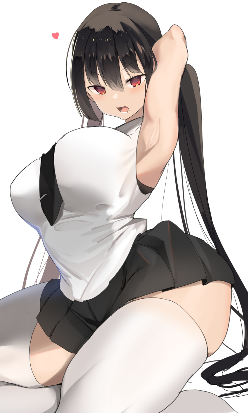 1girl absurdres bangs bare_shoulders black_hair black_skirt blush breasts highres hiiragi_ken large_breasts long_hair looking_at_viewer miniskirt open_mouth original pleated_skirt red_eyes skirt solo thighhighs thighs twintails white_thighhighs