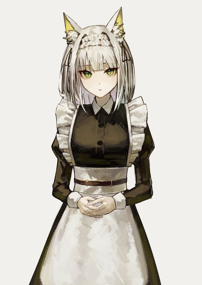 1girl absurdres animal_ears apron arknights black_dress black_ribbon breasts cat_ears cat_girl cowboy_shot dress green_eyes grey_background grey_hair hair_ribbon highres kal'tsit_(arknights) long_sleeves looking_at_viewer maid maid_apron maid_headdress official_alternate_costume parted_lips ribbon short_hair simple_background small_breasts solo white_apron white_wrist_cuffs yoon_cook
