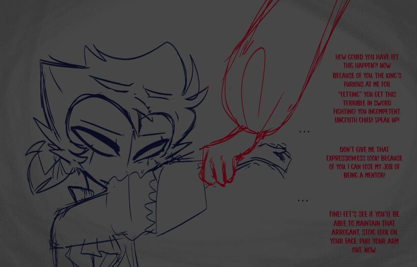 abuse angry anthro avian bird blue_outline duo grey_background hand_holding helluva_boss hi_res holding_arm male outline owl owl_demon red_outline red_text sad simple_background stolas_(helluva_boss) teathekook text yelling