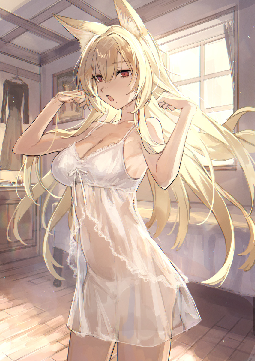 1girl absurdres animal_ear_fluff animal_ears babydoll bangs blonde_hair breasts cleavage commentary_request hair_between_eyes highres indoors long_hair medium_breasts mephist mole mole_under_mouth morning open_mouth original panties red_eyes see-through solo underwear very_long_hair white_babydoll white_panties window