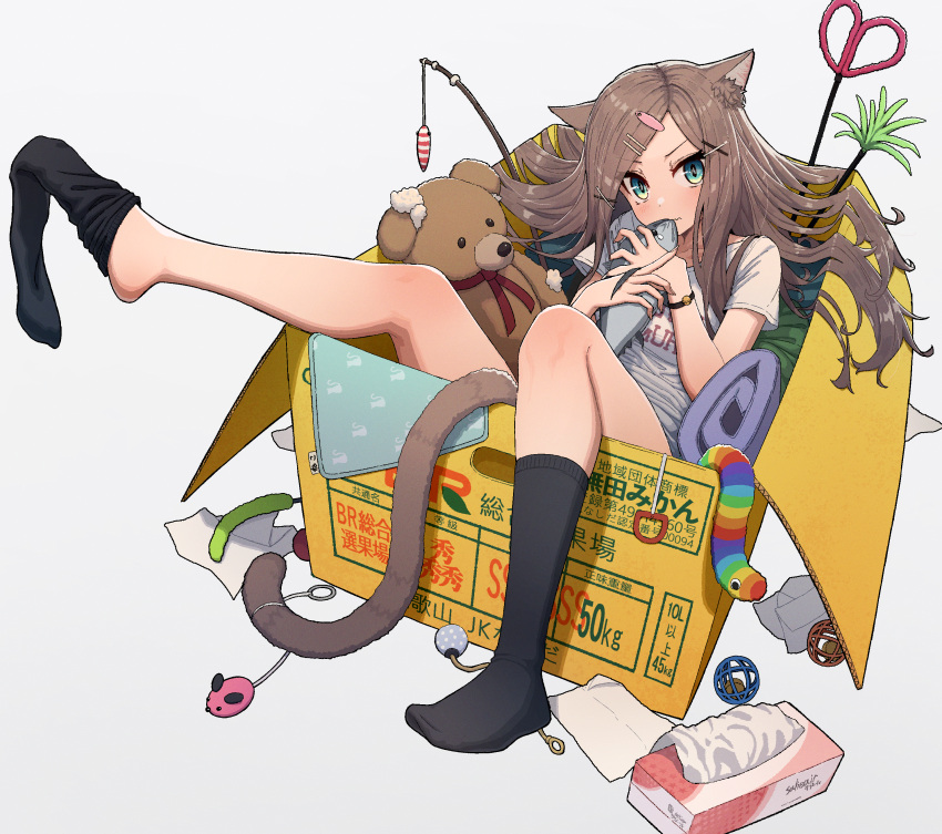 1girl absurdres animal_ear_fluff animal_ears ball bangs between_legs box brown_hair cardboard_box cat_ears cat_girl cat_tail closed_mouth clothes_writing green_eyes grey_background hair_ornament hairclip highres holding in_box in_container long_hair looking_at_viewer no_shoes original parted_bangs shirt short_sleeves simple_background sock_pull socks solo stuffed_animal stuffed_toy tail tail_between_legs teddy_bear tissue_box toy_mouse wavy_hair white_shirt wozora x_hair_ornament
