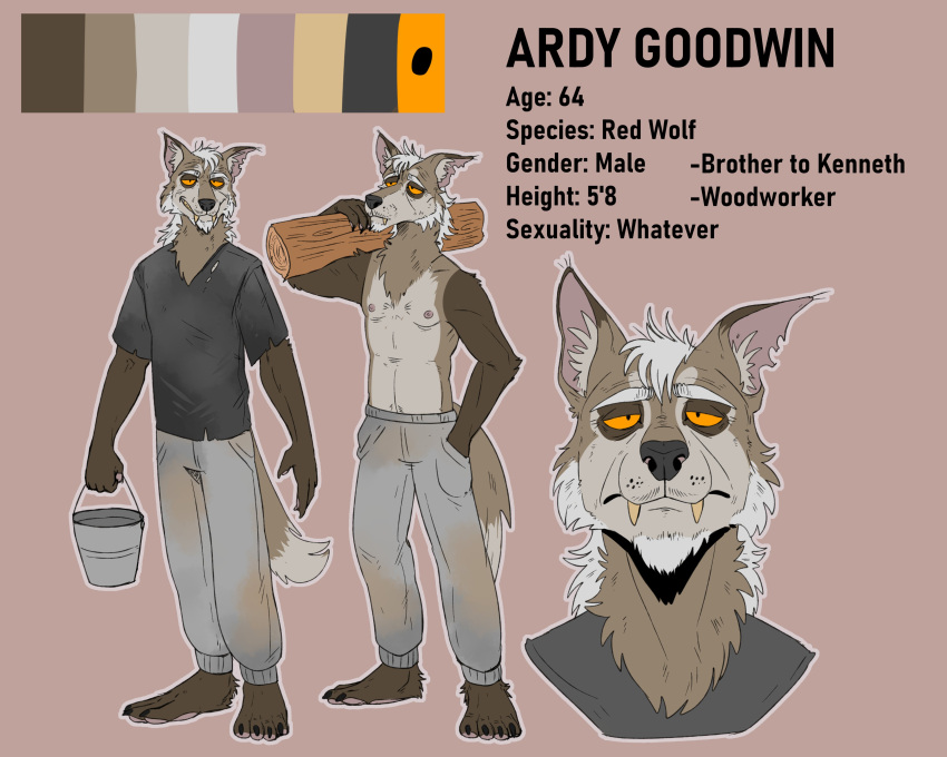 absurd_res anthro ardy_goodwin black_clothing black_nose black_shirt black_t-shirt black_topwear bottomwear brown_ears bucket canid canine canis cheek_tuft clothed clothing color_swatch container english_text facial_hair facial_tuft fangs goatee grey_bottomwear grey_clothing grey_inner_ear_fluff grey_pants hi_res holding_bucket holding_container holding_log holding_object imperatorcaesar inner_ear_fluff log male mammal model_sheet narrowed_eyes neck_tuft nipples pants partially_clothed shirt solo t-shirt tan_teeth text topwear tuft wolf wood