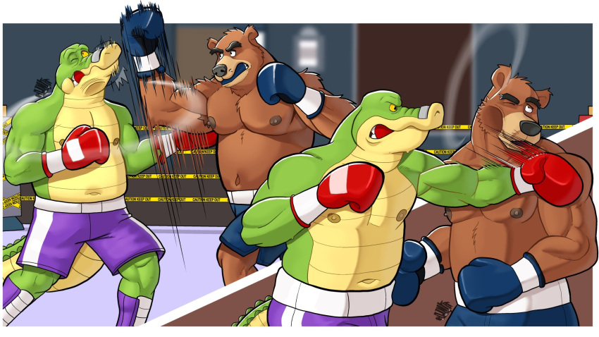 16:9 2022 alligator alligatorid anthro biped black_nose bottomwear boxing boxing_gloves boxing_shorts brok_(character) brok_the_investigator brown_body clothing crocodilian duo fight green_body handwear hi_res hunter-husky male mammal navel nipples r.j._(brok_the_investigator) reptile scalie shorts sport ursid video_games widescreen