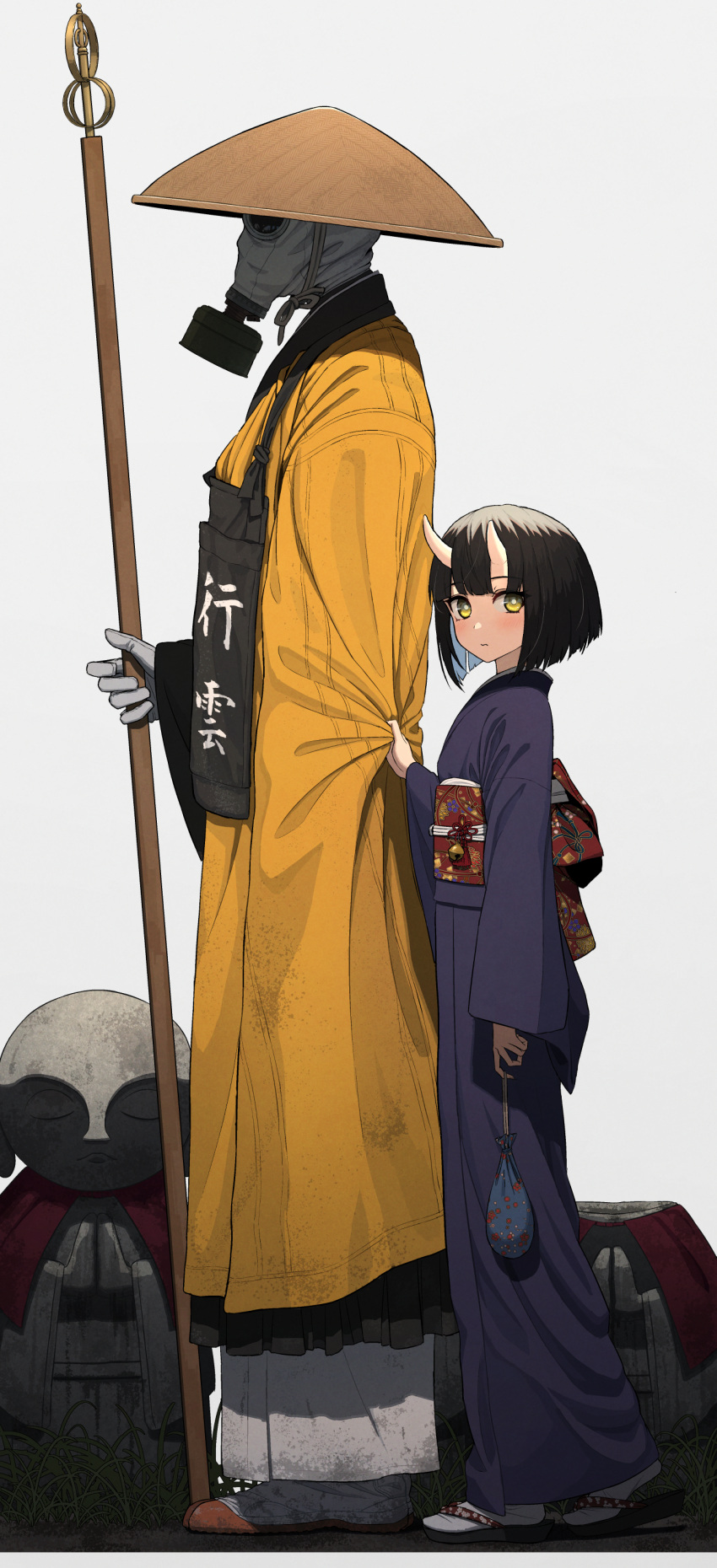 1girl 1other absurdres black_hair gas_mask gloves grey_background grey_gloves hat highres holding holding_staff horns japanese_clothes kimono mask monk obi oni oni_horns original sandals sash shakujou short_hair simple_background staff statue straw_hat wozora yellow_eyes