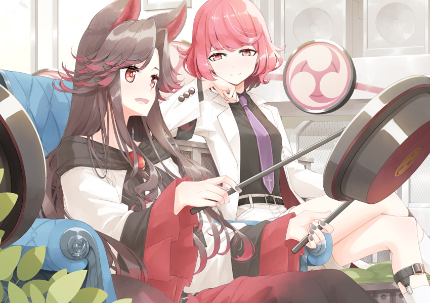 2girls :d animal_ears armchair bangs belt belt_buckle black_belt black_nails black_shirt blush brooch brown_hair buckle chair collared_shirt commission dress drum drumsticks fingernails frilled_sleeves frills gradient_hair gradient_skirt head_rest holding holding_drumsticks horikawa_raiko imaizumi_kagerou indoors instrument jacket jewelry leaf long_hair long_sleeves looking_at_another multicolored_hair multiple_girls music nail_polish necktie on_chair open_clothes open_jacket open_mouth parted_bangs playing_instrument purple_necktie red_eyes red_hair sakuraba_yuuki shirt short_hair sitting skeb_commission smile speaker split_mouth taiko_drum touhou very_long_hair white_dress white_jacket wolf_ears