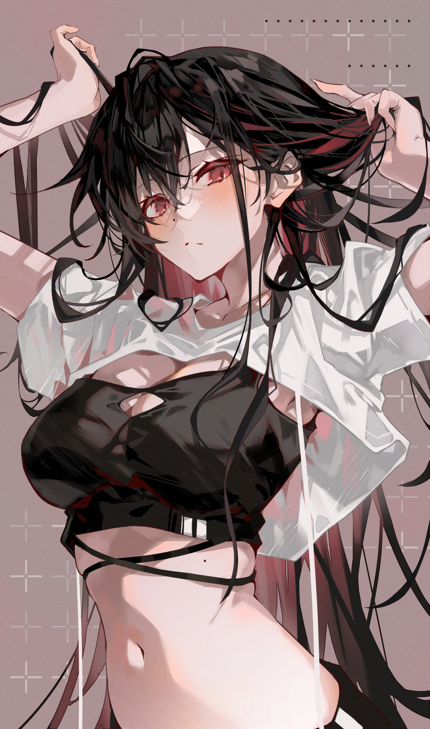 1girl absurdres armpit_peek arms_up arutera banned_artist black_hair black_shirt breasts cleavage colored_inner_hair crop_top crop_top_overhang highres large_breasts long_hair looking_at_viewer midriff mole_on_stomach multicolored_hair navel original red_eyes shirt short_sleeves skindentation sleeveless sleeveless_shirt solo stomach upper_body white_shirt