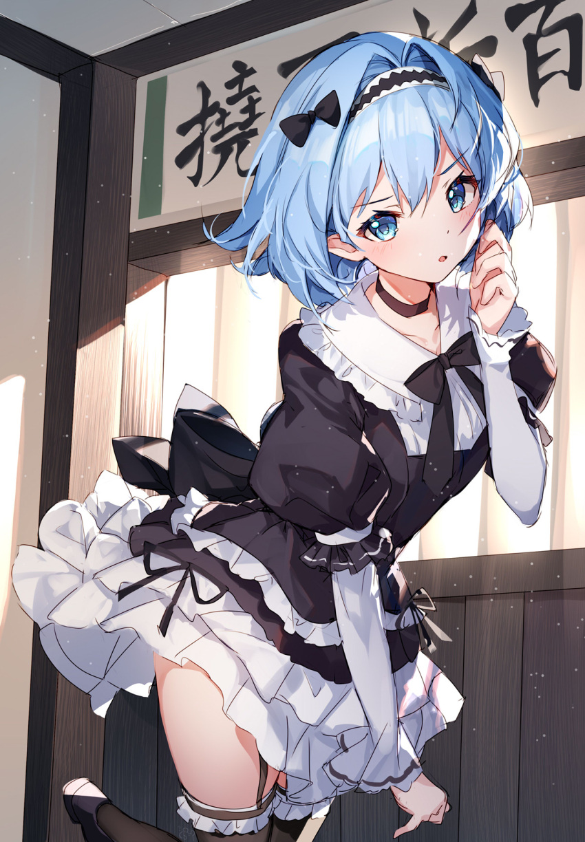 1girl bison_cangshu black_bow black_dress black_hairband bow collared_shirt commentary_request dress frilled_dress frilled_legwear frilled_shirt_collar frills garter_straps hair_bow hairband highres indoors puffy_short_sleeves puffy_sleeves ryuuou_no_oshigoto! shirt shoes short_sleeves solo sora_ginko thighhighs translation_request white_footwear white_shirt