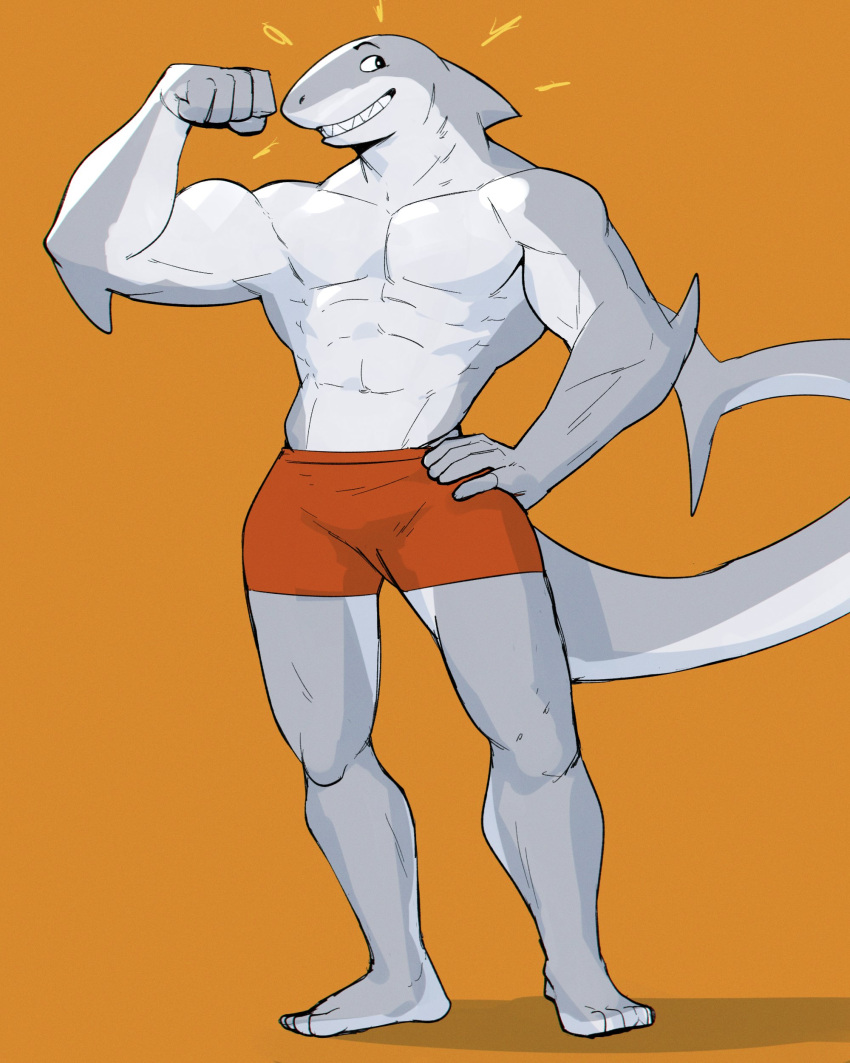 5_fingers 5_toes abs absurd_res anthro clothed clothing feet fingers fish flexing grey_body hi_res jrjresq looking_back male marine muscular muscular_anthro muscular_male navel shark sharp_teeth simple_background smile solo teeth toes white_body