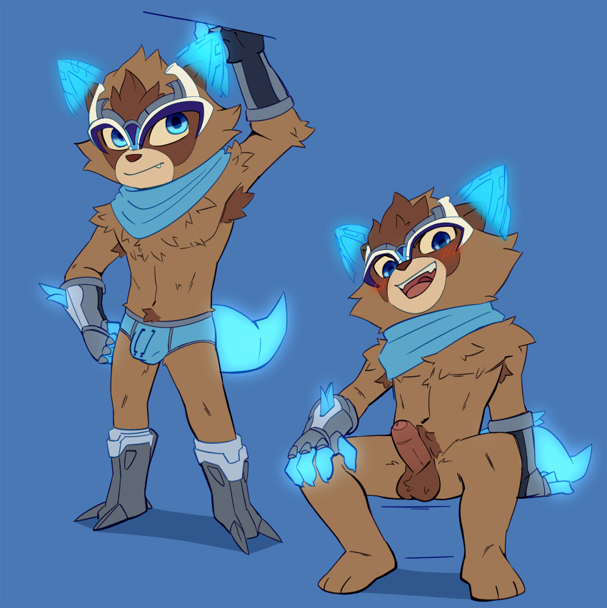 4_fingers anthro armor armpit_hair balls blue_background blue_clothing blue_eyes blue_underwear blush body_hair boots brown_body brown_fur bulge clothing digital_media_(artwork) facial_markings feet fingers footwear foreskin fur gauntlets genitals gloves glowing glowing_tail hand_on_own_knee handwear hatakerub head_markings hi_res holographic_ears holographic_tail kennen_(lol) league_of_legends looking_at_viewer male mammal markings mask mask_(marking) multiple_poses penis pose procyonid pubes raccoon riot_games scarf short_male simple_background sitting smile smiling_at_viewer solo standing teeth_showing underwear video_games yordle