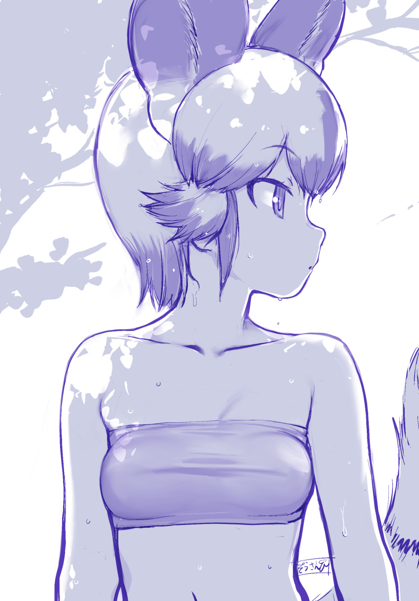 1girl african_wild_dog_(kemono_friends) animal_ears bandeau bare_shoulders breasts closed_mouth collarbone commentary_request greyscale highres kemono_friends looking_to_the_side masuyama_ryou monochrome multicolored_hair profile short_hair small_breasts solo tail tree_shade upper_body water_drop wet