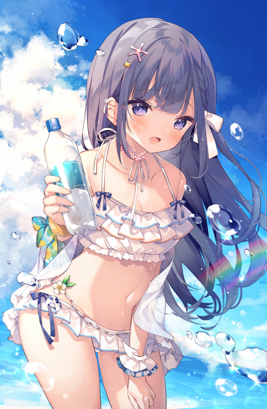 1girl ana_(rznuscrf) bikini black_hair bottle braid breasts cleavage cloud frilled_bikini frills hand_on_own_thigh highres leaning_forward long_hair looking_at_viewer navel off_shoulder open_mouth original outdoors pink_eyes ribbon shirt sky small_breasts smile solo swimsuit thighs water water_bottle white_bikini white_shirt wind