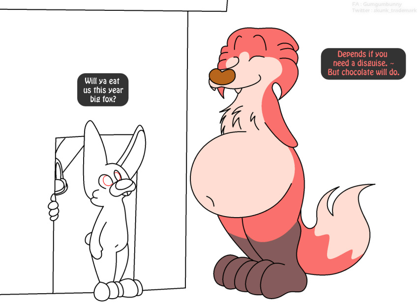 ambiguous_gender anthro belly big_belly canid canine drake_(kitty_pride) flat_colors fox foxball fur happy kitty_pride lagomorph leporid mammal navel nude obese overweight overweight_anthro rabbit simple_background smile standing text video_games