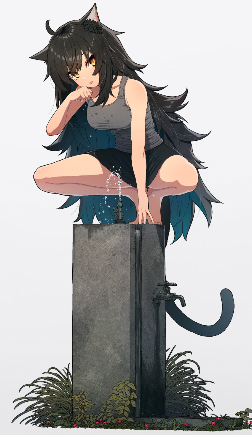 1girl absurdres ahoge animal_ear_fluff animal_ears bangs bare_arms bare_shoulders barefoot black_hair black_skirt cat_ears cat_girl cat_tail collarbone drinking_fountain faucet grey_background grey_tank_top hand_up highres long_hair looking_at_viewer original simple_background skirt solo spread_legs squatting tail tank_top tiptoes tongue tongue_out very_long_hair wet wozora yellow_eyes