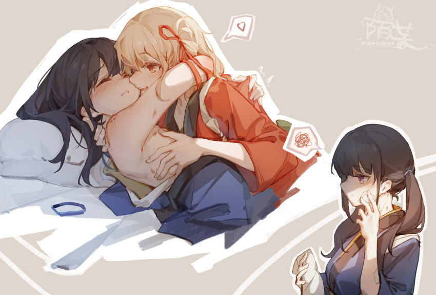 2girls artist_name bangs bed bite_mark biting black_hair blonde_hair blue_dress blue_kimono blush bob_cut closed_eyes dress hair_ornament hair_scrunchie heart highres hug inoue_takina japanese_clothes kimono long_hair lycoris_recoil moyu_marginal multiple_girls nishikigi_chisato pillow purple_eyes red_dress red_eyes red_kimono scrunchie scrunchie_removed short_hair spoken_heart spoken_squiggle squiggle twintails waitress yuri