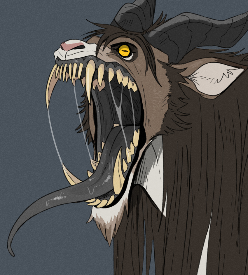 absurd_res anthro big_fangs black_hair black_lips bodily_fluids brown_body brown_fur dark_horn dark_tongue fur glistening glistening_tongue grey_horn grey_tongue hair hi_res horizontal_pupils horn imperatorcaesar lips male monster mouth_shot open_mouth pupils saliva saliva_on_tongue saliva_string slit_pupils solo tan_teeth tongue white_body white_fur wide_eyed