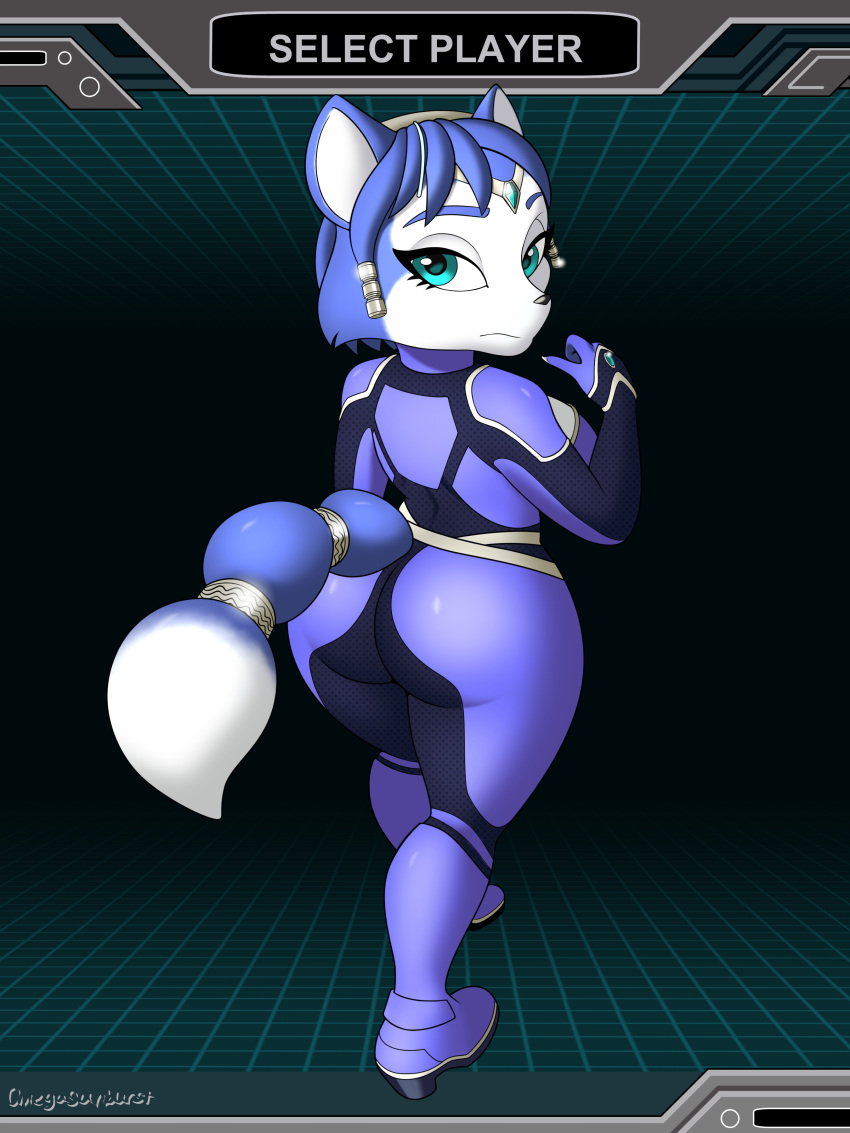 2020 3:4 absurd_res accessory anthro big_butt blue_body blue_fur blue_hair bodysuit breasts butt canid canine circlet clothing dipstick_tail english_text eyebrows eyelashes female fox fur furgonomics gameplay_mechanics hair hair_accessory hairband hi_res krystal looking_at_viewer looking_back looking_back_at_viewer mammal markings nintendo omegasunburst short_hair skinsuit solo star_fox tail_accessory tail_markings tailband teal_eyes text tight_clothing video_games white_body white_fur