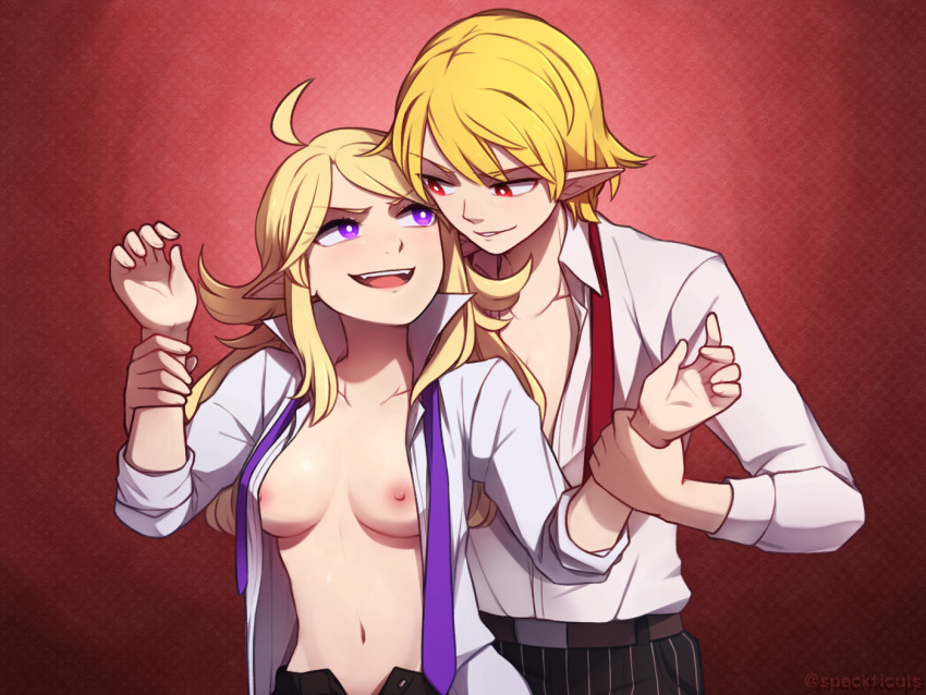 1boy 1girl ahoge artist_name blonde_hair breasts collarbone commentary cowboy_shot dress_shirt english_commentary fangs hair_flaps hetero holding_another's_wrist long_hair long_sleeves medium_breasts navel necktie nipples no_bra open_clothes open_mouth open_shirt original pants pointy_ears popped_collar purple_eyes purple_necktie red_eyes red_necktie shirt simple_background smile smirk speckticuls striped striped_pants undone_necktie velt vertical-striped_pants vertical_stripes wing_collar